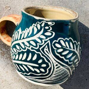 Carved Turquoise and Brown Pottery Mug Handmade